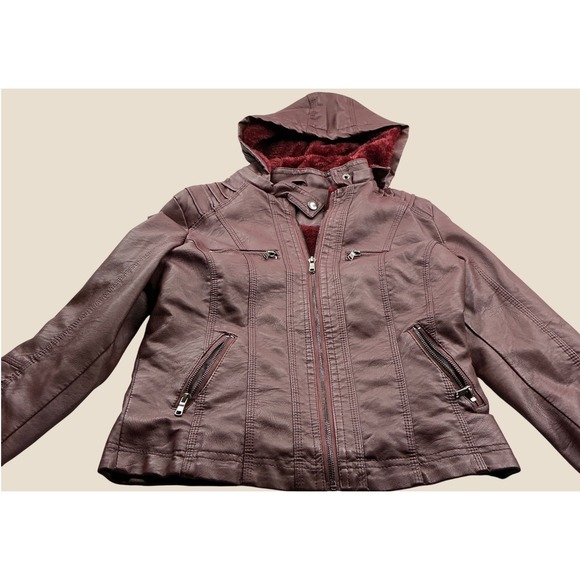 Jackets & Blazers - Burgundy Faux Leather Hooded Moto Jacket Faux Fur Lined Pockets Med Streetwear